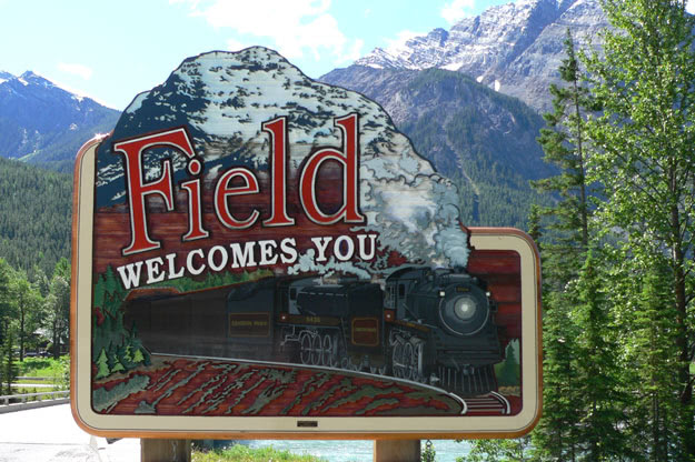 The sign greeting visitors to the village of Field, British Columbia